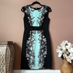 London Times Black and Blue Floral Midi Dress
